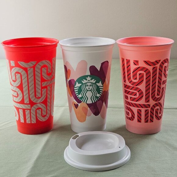 3 x‎ 16oz Starbucks Reusable Plastic Hot Cups Holiday & Valentine's Day 2020 - Picture 1 of 9